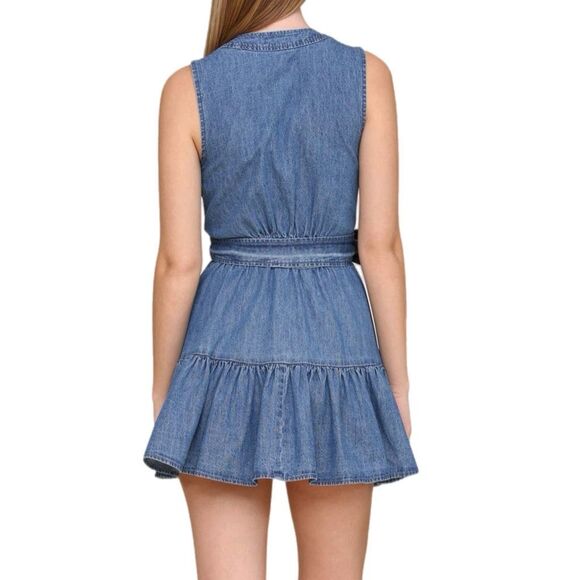 NWT Avec Les Filles  tie waist denim mini dress Size 8 - Picture 2 of 11